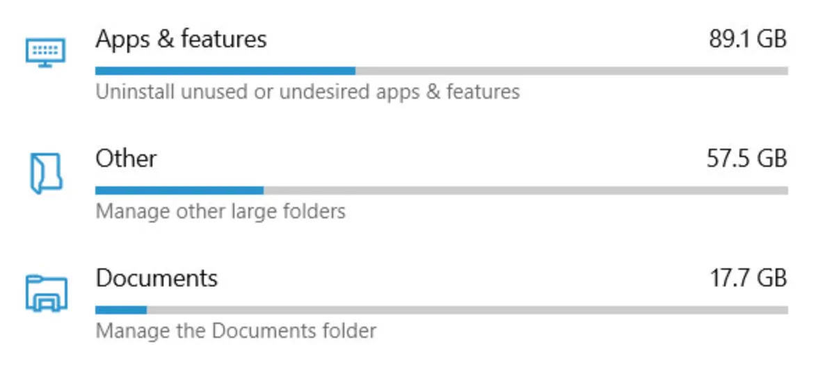 Screenshot of Windows Storage settings showing disk space usage by category each with a horizontal usage bar